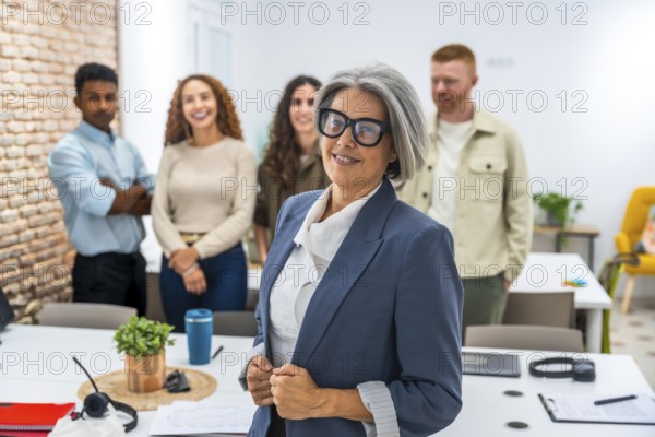 Experienced senior woman standing confidently in blue blazer and glasses, leading and collaborating with her diverse multi ethnic business team in a professional office environment