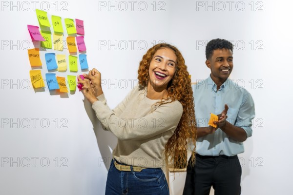 Diverse business colleagues working together, collaborating on a project, enthusiastically posting colorful sticky notes with strategic keywords on a wall during a successful brainstorming session