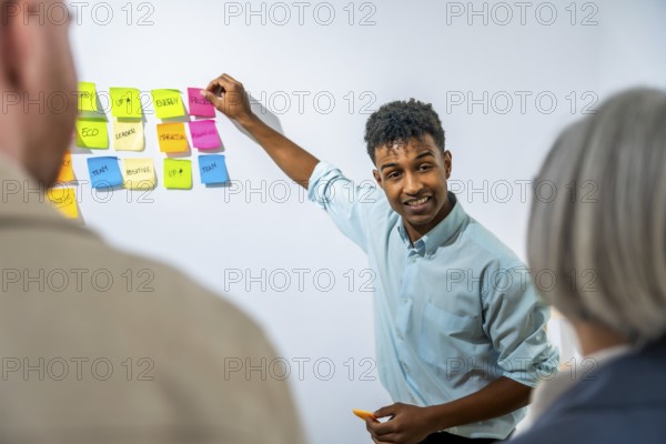 Young man smiling and presenting new business ideas, organizing colorful sticky notes on a whiteboard during a team brainstorming meeting with colleagues in an office