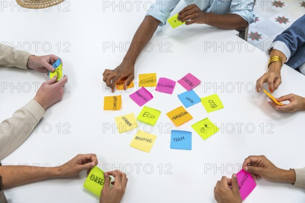 Diverse business professionals collaborating on a project, sharing ideas, and developing strategies during a meeting, arranging colorful sticky notes with keywords on a white table