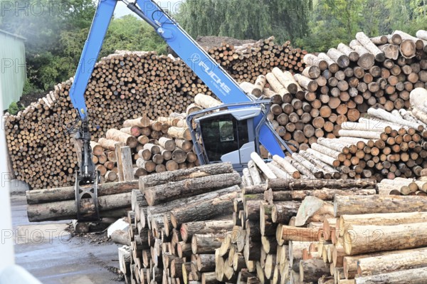 Wood storage and mechanical log transport on the premises of Energie-Mann in the Westerwald. Wood pellets are produced there