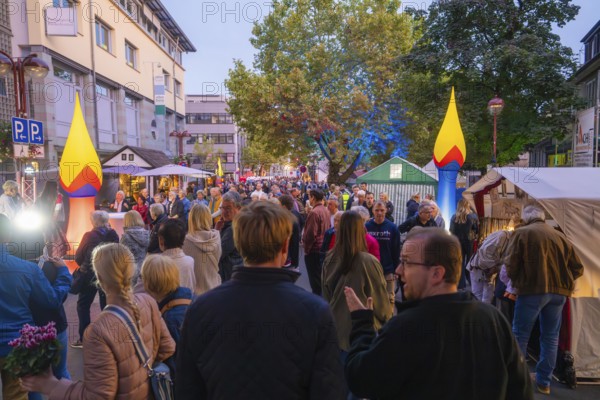 Well-attended street festival with decorations and stalls, people stroll along the street, Fire Night, Sindelfingen, Germany