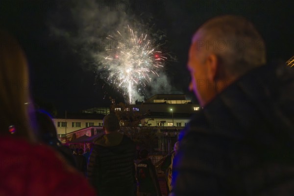 An impressive fireworks display lights up the night sky in front of planned spectators, Fire Night, Sindelfingen, Germany