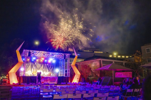 Nocturnal open-air event with stage lighting and fireworks, Fire Night, Sindelfingen, Germany
