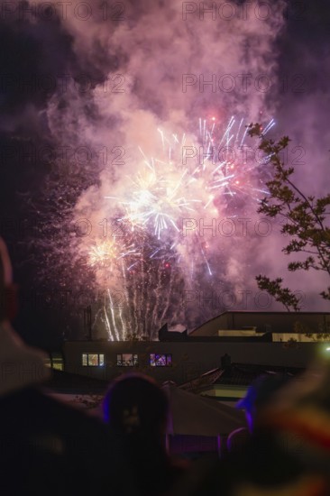 Colourful fireworks in the night sky during a celebration, the scene is accompanied by smoke and lights, Fire Night, Sindelfingen, Germany