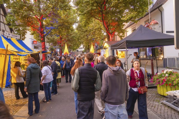 A cosy street festival in the evening with illuminated trees, tents and lots of people, accompanied by music, Fire Night, Sindelfingen, Germany