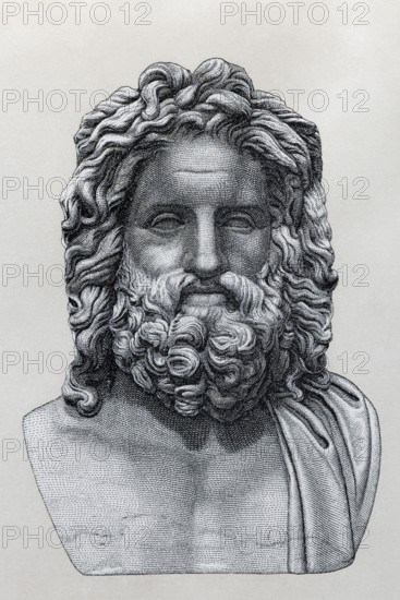 Jupiter Otricoli, historical book illustration after the marble bust, Brockhaus Konversations-Lexikon from 1908