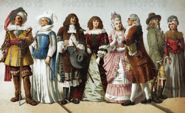 17th and 18th century clothing, couples wearing costumes, historical book illustration, colour lithograph
