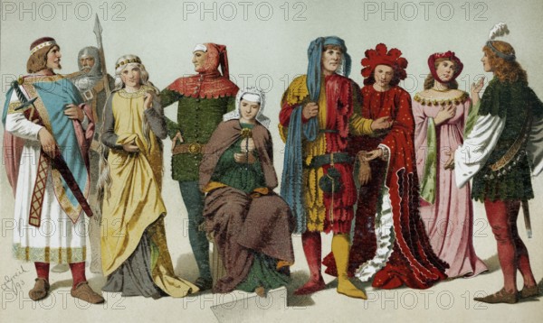 Medieval clothing from the 11th to the 15th century, couples wearing costumes, historical book illustration, colour lithograph