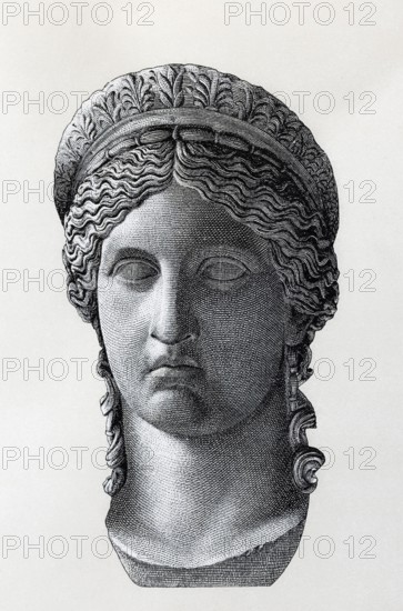 Juno Ludovisi, historical illustration after the colossal marble head of the goddess from the 1st century BC, wood engraving