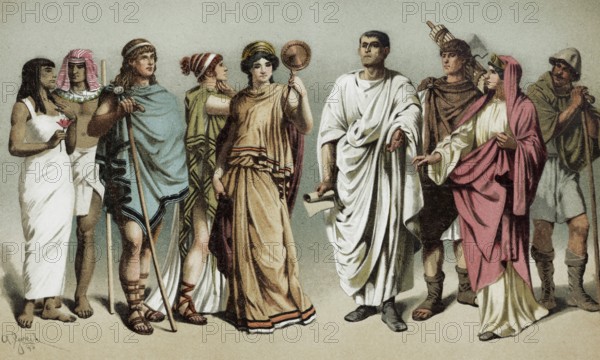 Clothing of the Egyptians, Greeks and Romans, couples wearing antique costumes, historical book illustration, colour lithograph