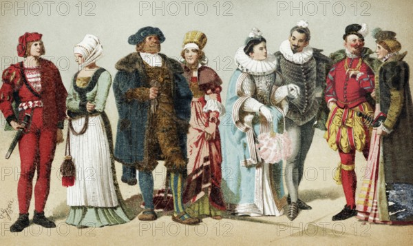 16th century clothing, couples wearing costumes, historical book illustration, colour lithograph