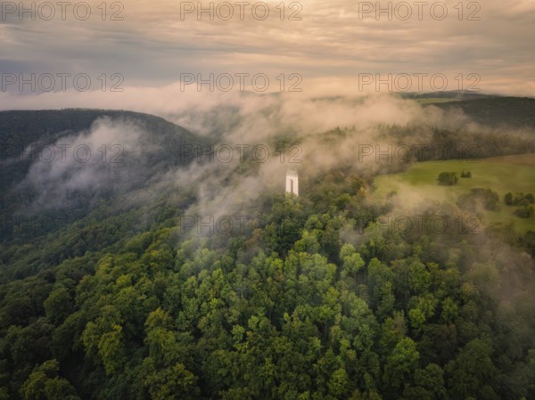 Fog envelops tower and forests, morning mood creates a peaceful atmosphere, Schönberg Tower, Pfullingen, Swabian Alb, Germany