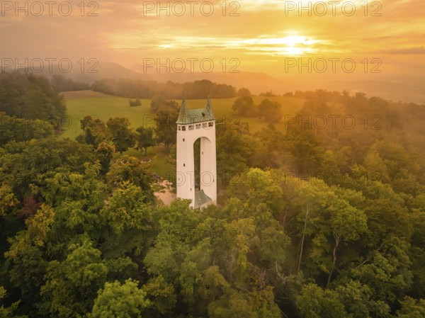 A tower in a peaceful forest landscape at sunset shows golden tones, Schönberg Tower, Pfullingen, Swabian Alb, Germany