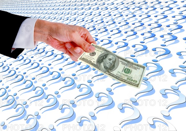 Symbolic image, hand reaches out 100-dollar note, dollar continues to be leading currency or crashes, political security, purchasing power, stable currency, currency war, Wall Street and Dax upswing, President Trump's erratic decisions, global tariffs, tariffs, share prices, euro, euro exchange rate, euro high, exchange rates, dollar parity, investment, recession worries, inflation, exports, raw materials and primary products in dollars, oil in dollars, world crisis, Ukraine war, Germany, loss of democracy, autocracy, China, Russia