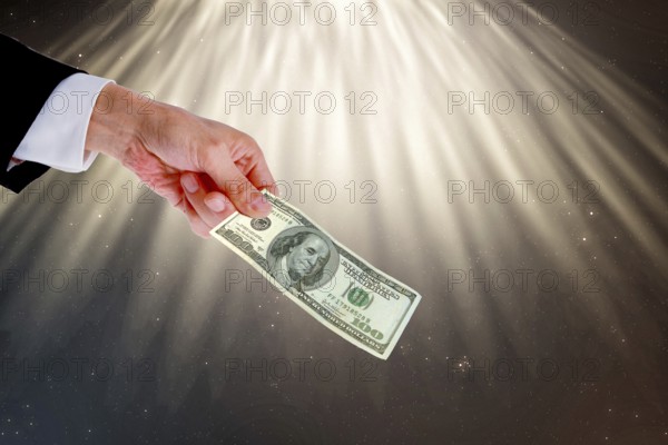 Symbolic image, hand reaches out 100-dollar note, purchasing power, stable currency, currency war, Wall Street and Dax upswing, President Trump's erratic decisions, global tariffs, tariffs, share prices, euro, euro exchange rate, euro high, exchange rates, dollar parity, investment, recession worries, inflation, exports, raw materials and primary products in dollars, oil in dollars, world crisis, Ukraine war, Germany, loss of democracy, autocracy, China, Russia