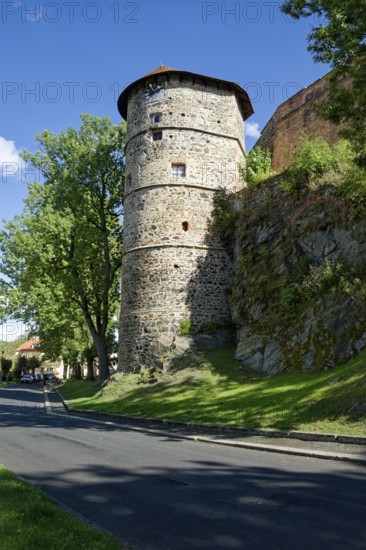 Mill tower, imperial palace of the Staufers in the Romanesque style, castle complex and fortifications, outer fortress ring, Cheb, Eger, Egerland, Bohemia, Czech Republic, Czech Republic