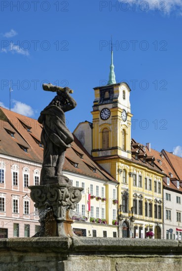 Old town centre with baroque town hall, protected cultural monument, Hercules fountain, Hercules statue, market square, Cheb, Eger, Egerland, Bohemia, Czech Republic, Czech Republic