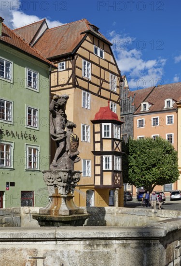 Old Town with Hercules Fountain and Stöckl, Hercules statue, Market Square, Cheb, Eger, Egerland, Bohemia, Czech Republic, Czech Republic