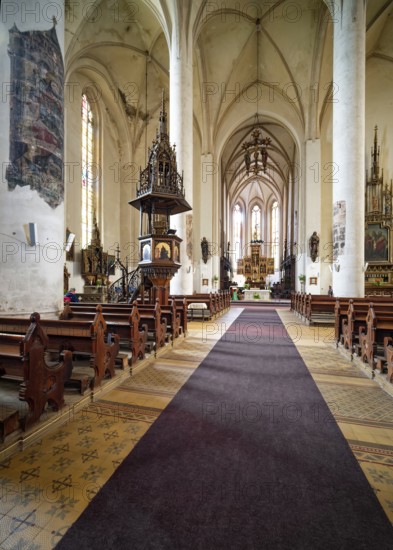 Historic Catholic parish church of St. Nicholas and Elisabeth with the pulpit, interior, interior, church square, Cheb, Cheb, Egerland, Bohemia, Czech Republic, Czech Republic