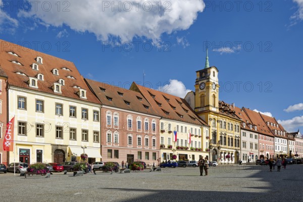 Old town centre and town hall in Baroque style, protected cultural monument, market square, Cheb, Eger, Egerland, Bohemia, Czech Republic, Czech Republic