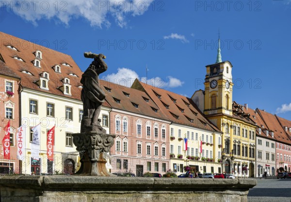 Old town centre with baroque town hall, protected cultural monument, Hercules fountain, Hercules statue, market square, Cheb, Eger, Egerland, Bohemia, Czech Republic, Czech Republic