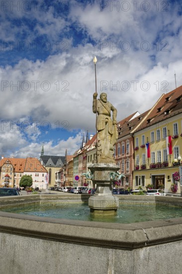 Old town centre and town hall in Baroque style, protected cultural monument, Roland Fountain, Roland statue, market square, Cheb, Cheb, Egerland, Bohemia, Czech Republic, Czech Republic