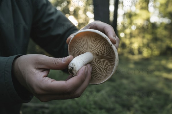 Person's hand holding wild mushroom in forest with gills visible. Symbol of autumn foraging and mushroom identification. Generative AI, AI generated