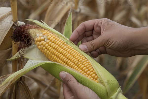 Hands holding corn in a field during harvest. Generative ai, AI generated