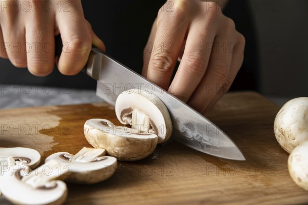 Close up of button mushrooms being sliced on a cutting board, AI generated