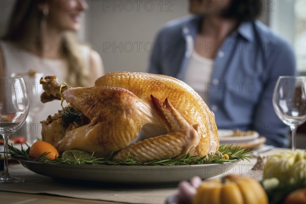 Thanksgiving turkey on festive table with talking family in background. Generative ai, AI generated