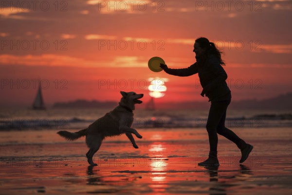 Silhouette of woman and dog playing with a disk on the beach at red sunset. Generative Ai, AI generated