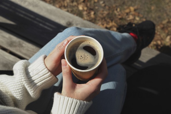 Top view of woman sitting on bench holding coffee cup in autumn setting. Generative ai, AI generated
