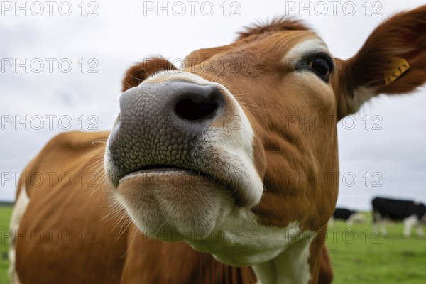 Close up of brown and white cow's nose on a meadow, AI generated