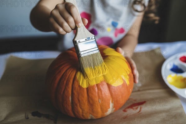 Close up of orange Halloween pumpkin being painted yellow by a child, AI generated