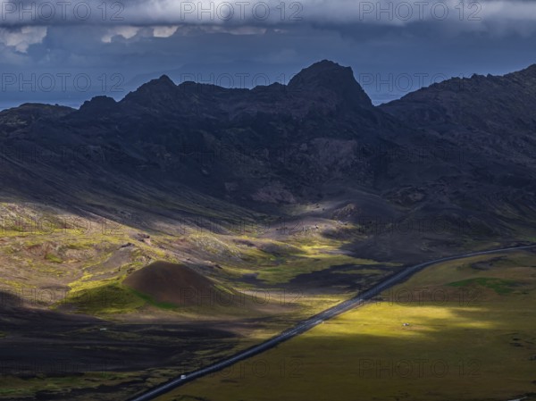 Volcanic landscape, mountains, cloudy, aerial view, summer, road, Reykjanes, Iceland