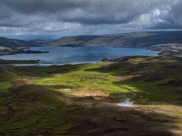 Volcanic landscape, mountains, cloudy, aerial view, summer, lake, hot springs, Krysuvik geothermal area, Reykjanes, Iceland