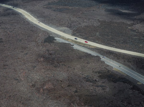 Lava, lava field, road, destroyed, summer, cloudy, sunny, aerial view, Blue Lagoon, Sundhnúkur crater series, Fagradalsfjall, Reykjanes, Iceland