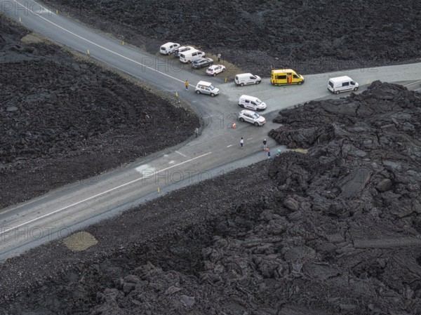 Lava, lava field, road, destroyed, summer, cloudy, sunny, aerial view, tourists, Blue Lagoon, Sundhnúkur crater series, Fagradalsfjall, Reykjanes, Iceland