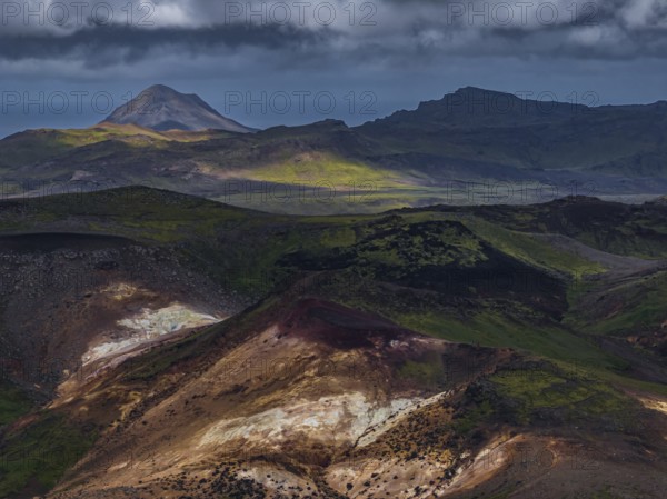 Volcanic landscape, mountains, cloudy, aerial view, summer, hot springs, Krysuvik geothermal area, Reykjanes, Iceland
