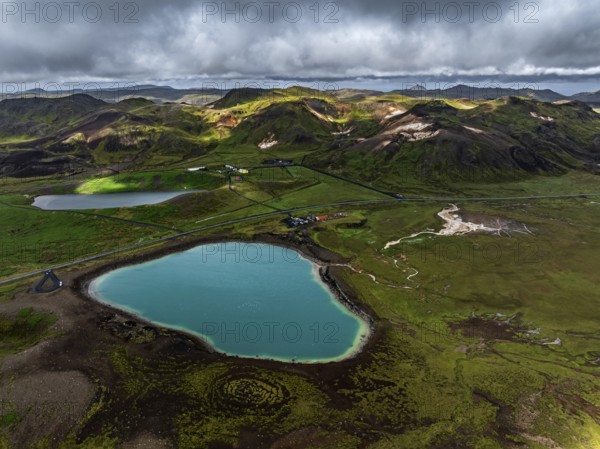 Lake, volcanic crater, volcanic landscape, mountains, cloudy, aerial view, summer, Graenavatn, Krysuvik geothermal area, Reykjanes, Iceland