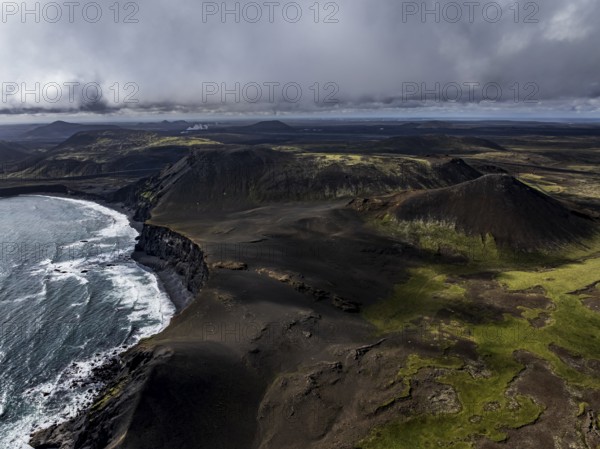 Coast, mountains, sea, volcanic landscape, cloudy, sunny, summer, aerial view, Reykjanes, Iceland