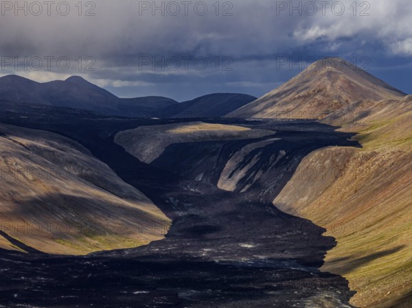 Lava, lava field, summer, cloudy, sunny, aerial view, Fagradalsfjall, Reykjanes, Iceland