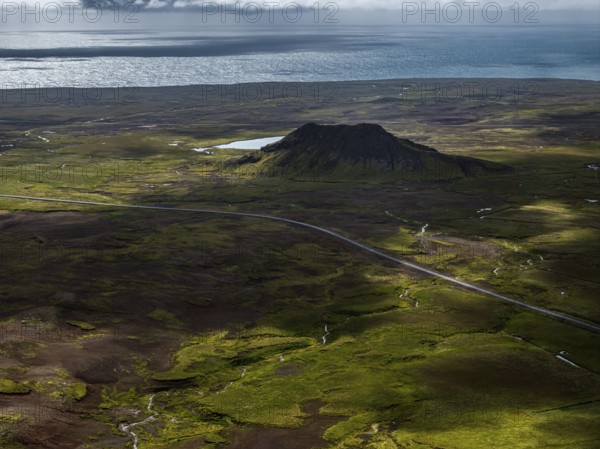 Volcanic landscape, mountains, cloudy, aerial view, summer, road, sea, coast, Reykjanes, Iceland