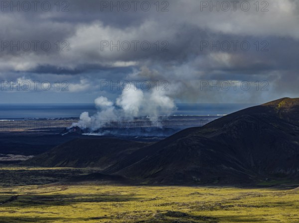 Lava, lava field, summer, cloudy, sunny, volcanic eruption, aerial view, July 2025, Grindavik, Sundhnúkur crater series, Fagradalsfjall, Reykjanes, Iceland