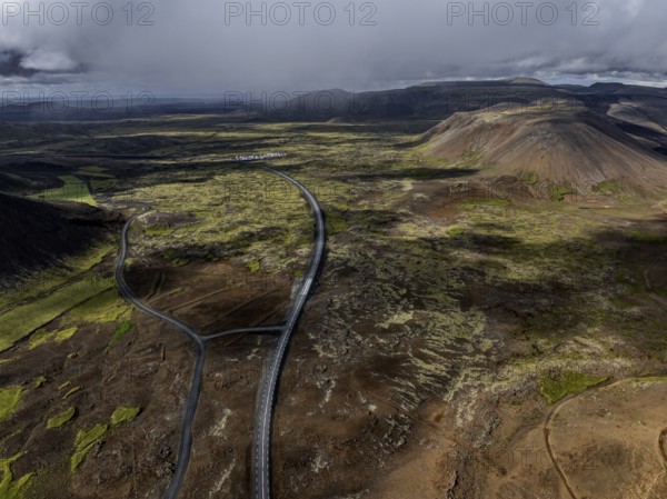 Road, volcanic landscape, mountains, summer, cloudy, sunny, aerial view, Fagradalsfjall, Reykjanes, Iceland
