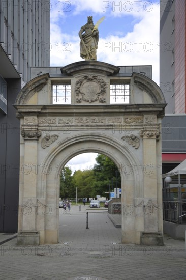 St Catherine's Portal built in 1668 with patron saint Catherine of Alexandria, Alexandria, historic archway with sculpture, portal, monument, Magdeburg, Saxony-Anhalt, Germany