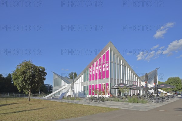 Multipurpose hall Hyparschale, Modern building, Inscription, Body Worlds, Banner, Rotehorn, City Park, Rotehornpark, Magdeburg, Saxony-Anhalt, Germany