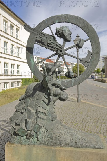 Sculpture Space Time Matter by Heinrich Apel 1988, abstract art, modern art, whimsical and bizarre bronze sculptures, physical, wheel, movement, wing, head, sculpture park, Magdeburg, Saxony-Anhalt, Germany