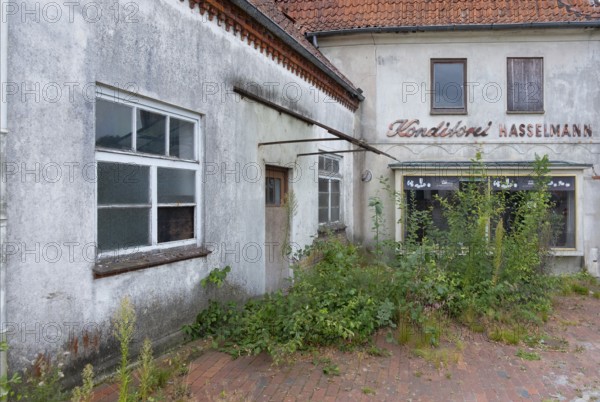 View of an overgrown forecourt and shop window of an abandoned bakery, Barrien, Syke, Diepholz, Lower Saxony